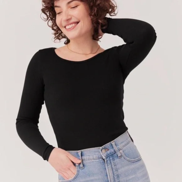 ‼️NWOT: Pact Organic Cotton Cropped Black Ribbed Long Sleeve Top - M - Picture 4 of 5